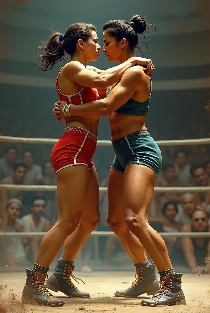 (Masterpiece, best quality), (2girls), (Two gorgeous 30 year old brunette American women staring at each other), (boxing gloves), ((topless, NSFW, perfect breasts)), tight leather pants, fitness model body, private boxing gym, ready to fight, serious face, (big butt), ((full body))
