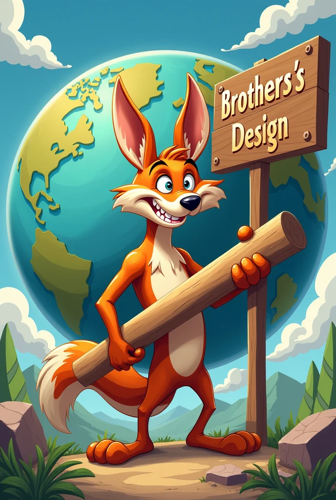 Cartoon coyote holding a large piece of wood, around the globe, uma placa grande escrita Brothers's Design
