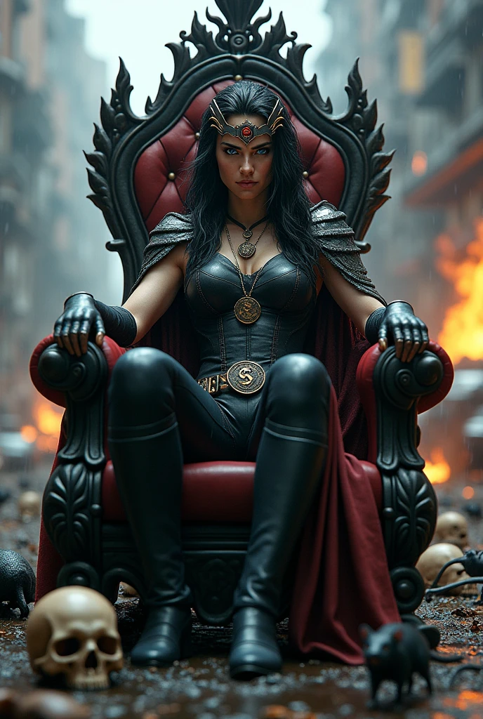 ((A beautiful woman under the mantle of the Amazon warrior Wonder Woman (((Her hair is many snakes on her head as if simulating her hair)))With a silver metal diaema, Diaema wears a red star on her forehead.,His eyes are light blue. Her superheroine costume is samurai themed.. Usually (((Her costume includes a black jumpsuit and a black armor top over her jumpsuit.))) sitting on her throne exhausted after an extensive battle blood around her skulls and rats around her in an apocalyptic and rainy city cars and buildings on fire))),(((From her neck hangs a round pendant with a black medal with an S as the emblem of this Superheroine.