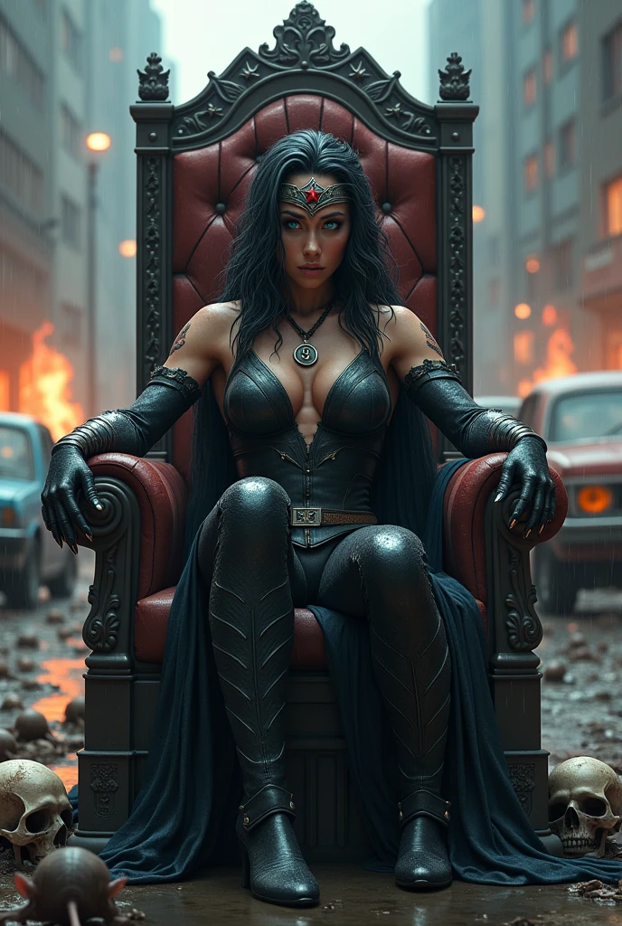(((A beautiful woman under the mantle of the Amazon warrior Wonder Woman (((She has many snakes on her head as if it were her hair))) With a silver metal diaema, Diaema wears a red star on her forehead.,His eyes are light blue. Her superheroine costume is samurai themed.. Usually (((Her costume includes a black jumpsuit and a black armor top over her jumpsuit.))) sitting on her throne exhausted after an extensive battle blood around her skulls and rats around her in an apocalyptic and rainy city cars and buildings on fire))),(((From her neck hangs a round pendant with a black medal with an S as the emblem of this Superheroine.