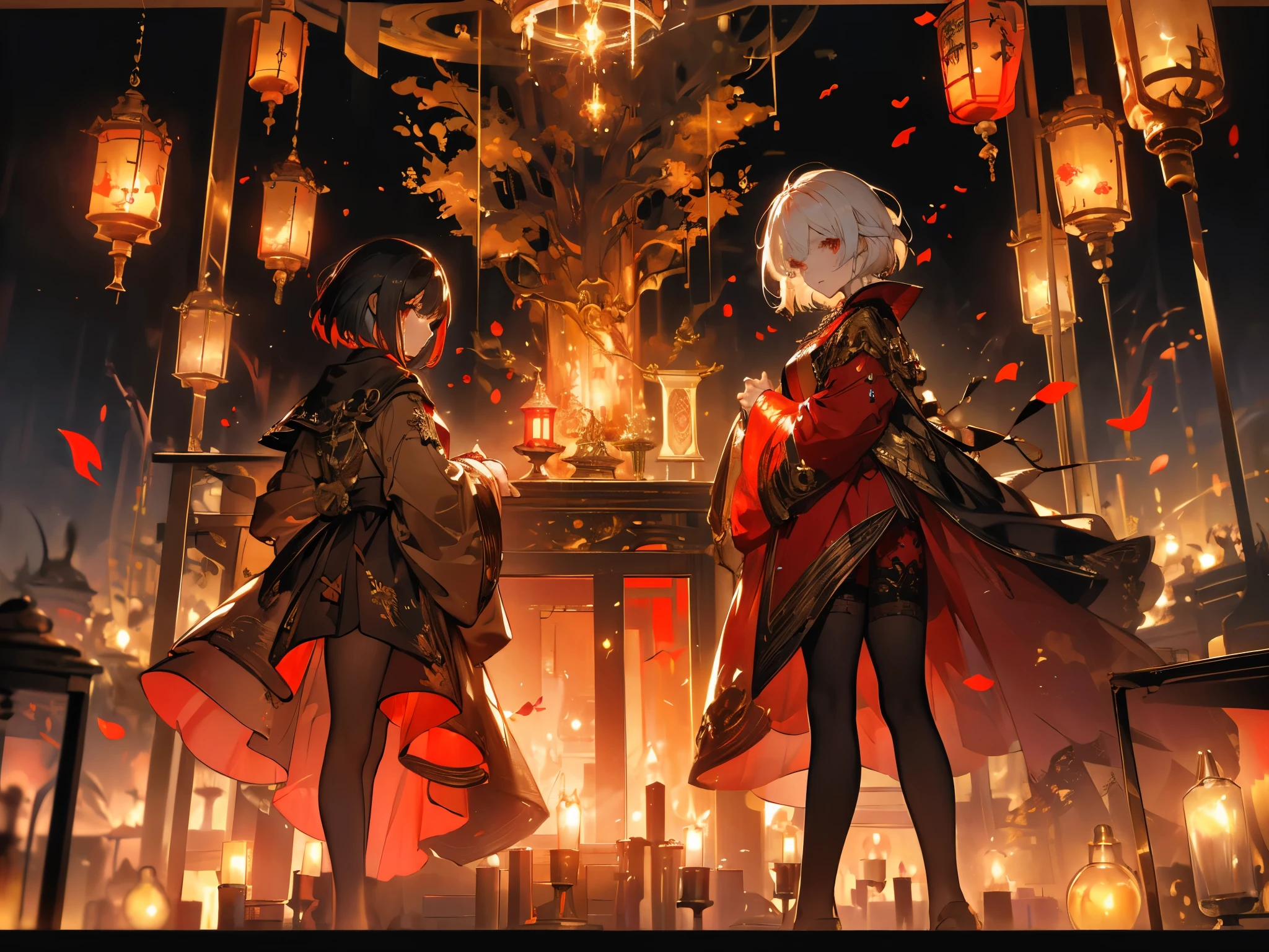 ((masterpiece, best quality)), Epic battlefield atmosphere，Ashes Paradise，Magician，A display of fireworks and a sea of lanterns，Gold coat，Flame Surround，spark，Petals falling，A meticulous face，Standing image，Perfect body proportions，Long legs，Stylish short hair，Beautiful red eyes，Fantasy style，White background，transparent，Sexy，Lace，Pantyhose