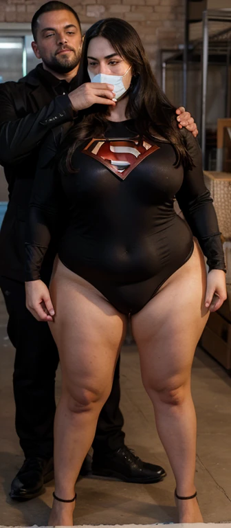 bbw superheroine is standing and paralyzed in front, full body, bbw sweat,