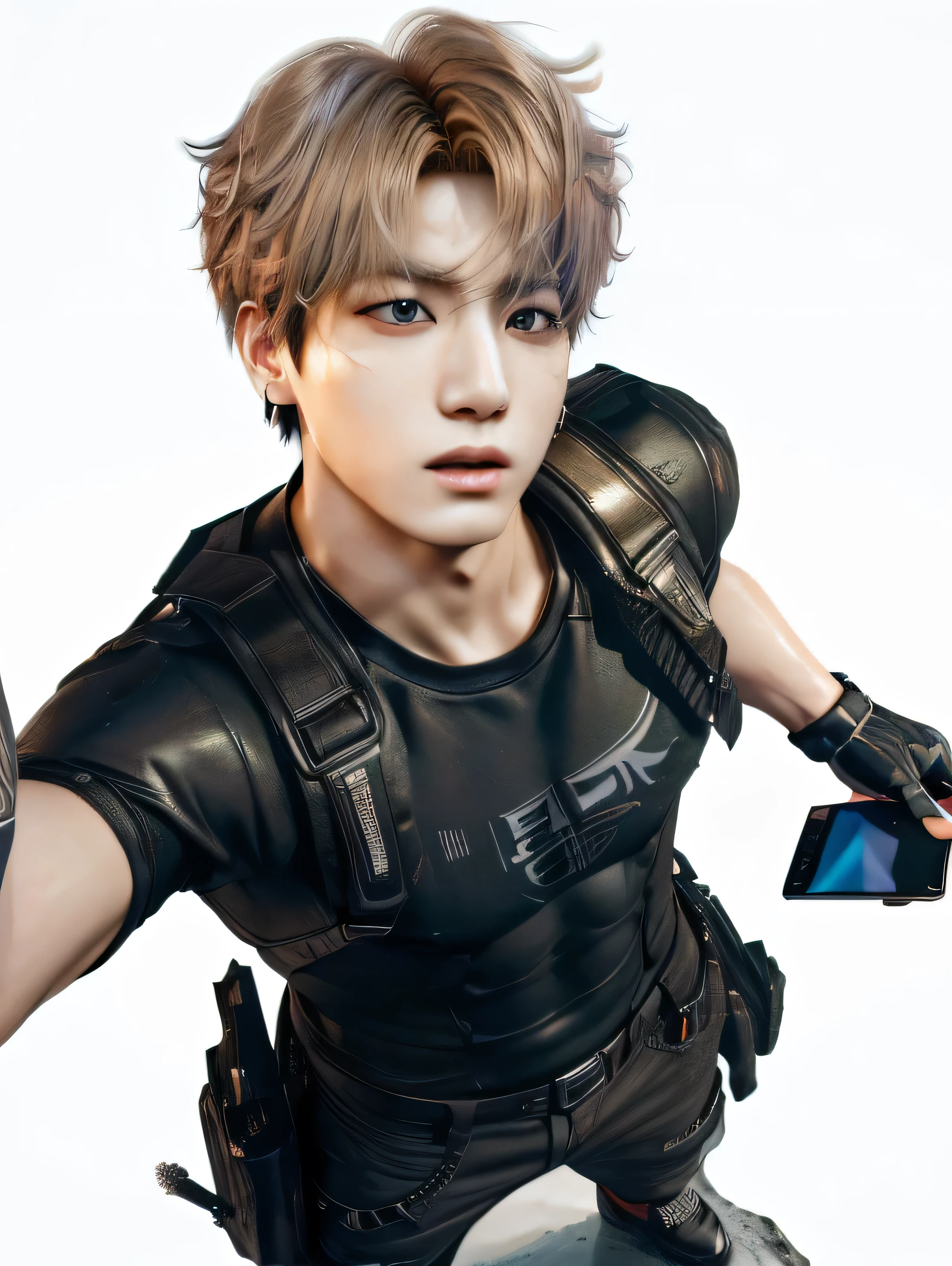 arafed image of a man with a cell phone in his hand, jungkook, cai xukun, jimin, 3 d render of jerma 9 8 5, park jimin, video game character, 3d character realistic, realistic anime 3 d style, 2 d cg, as a character in tekken, high quality fanart, inspired by Wuzhun Shifan