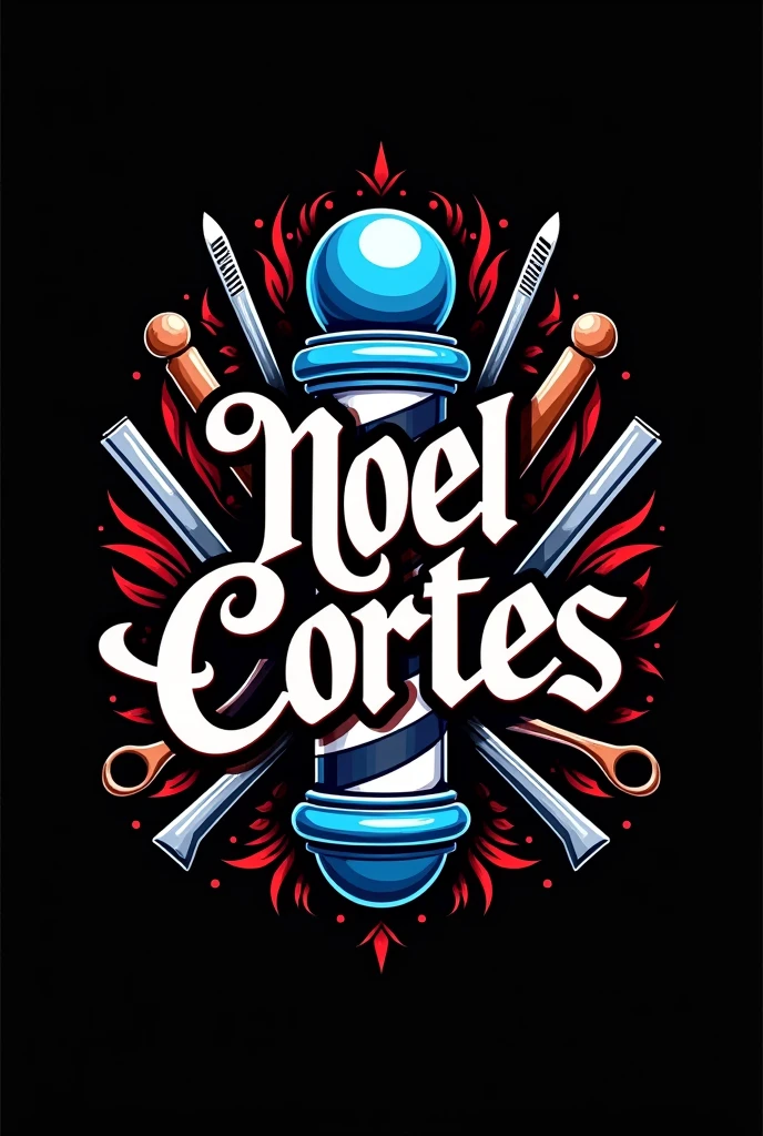 Faça uma logo escrita “Noel cortes” com a fonte bem detalhada é um símbolo 💈 azul, red and white in the back with some barber tools behind is a black background