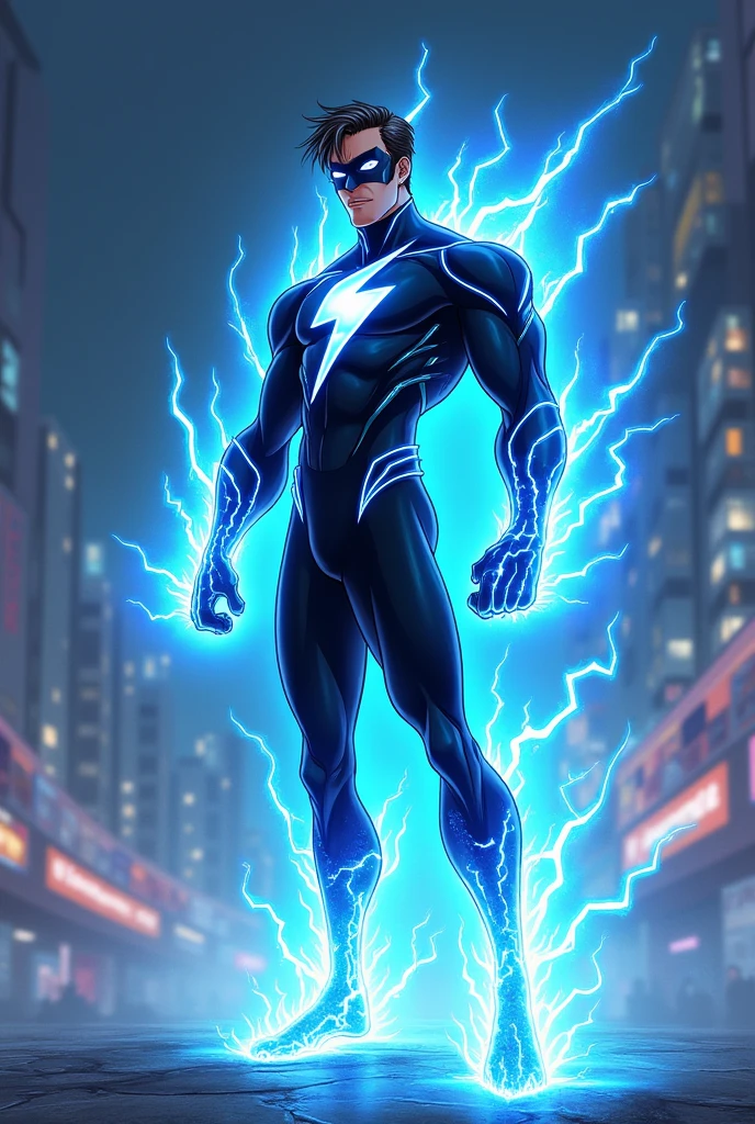 Make me a superhero whose suit is black with blue details, with super speed with lightning details on his hands and feet with a lightning emblem on his chest, with a mask and everything in an animated version that is not muscular, that you can see his hair and that he is a man in an animated version
