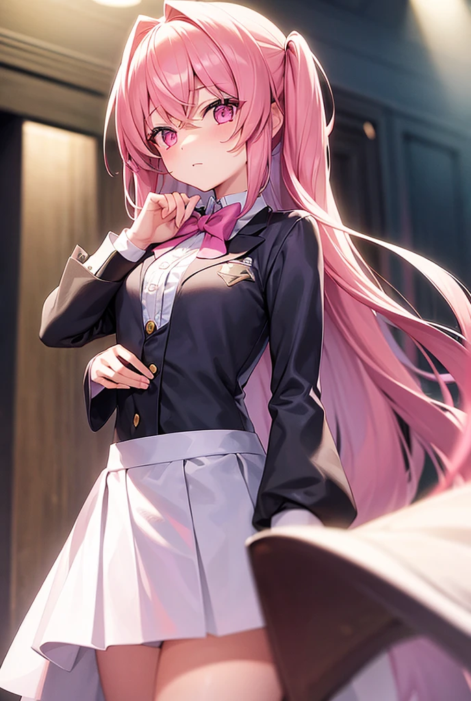 1 girl, long hair, chest, looking at the audience, pink eyes, bow tie, Look up,