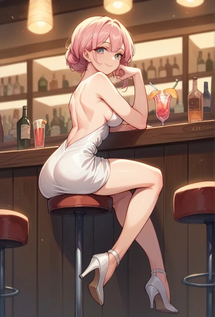 cute Japanese girl, pink blonde hair, satin backless dress, high heels, sitting on a bar stool, looking at viewer, holding a cocktail in her right hand, medium breasts, light smile