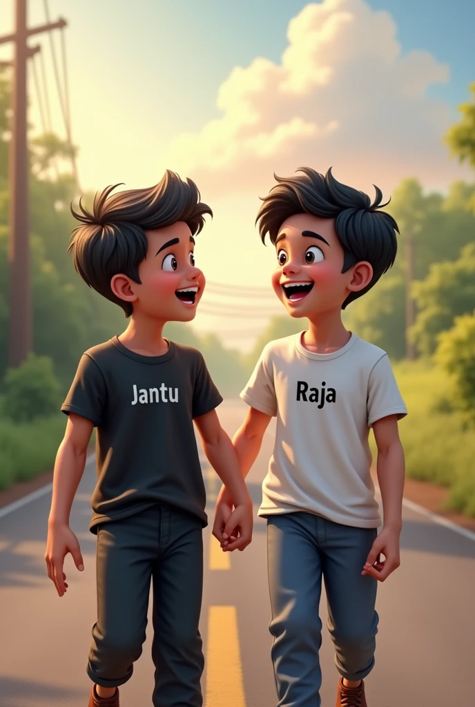 1 two indian boys walking on road, they are talking each other with laughing, first boy is wearing black T-shirt, with black pant, with name "JANTU" and second boy wearing White T-shirt on which Name "RAJA" is written, realistic image , 4k quality image. the words best friends written at top sky  , make sure name should be visible.