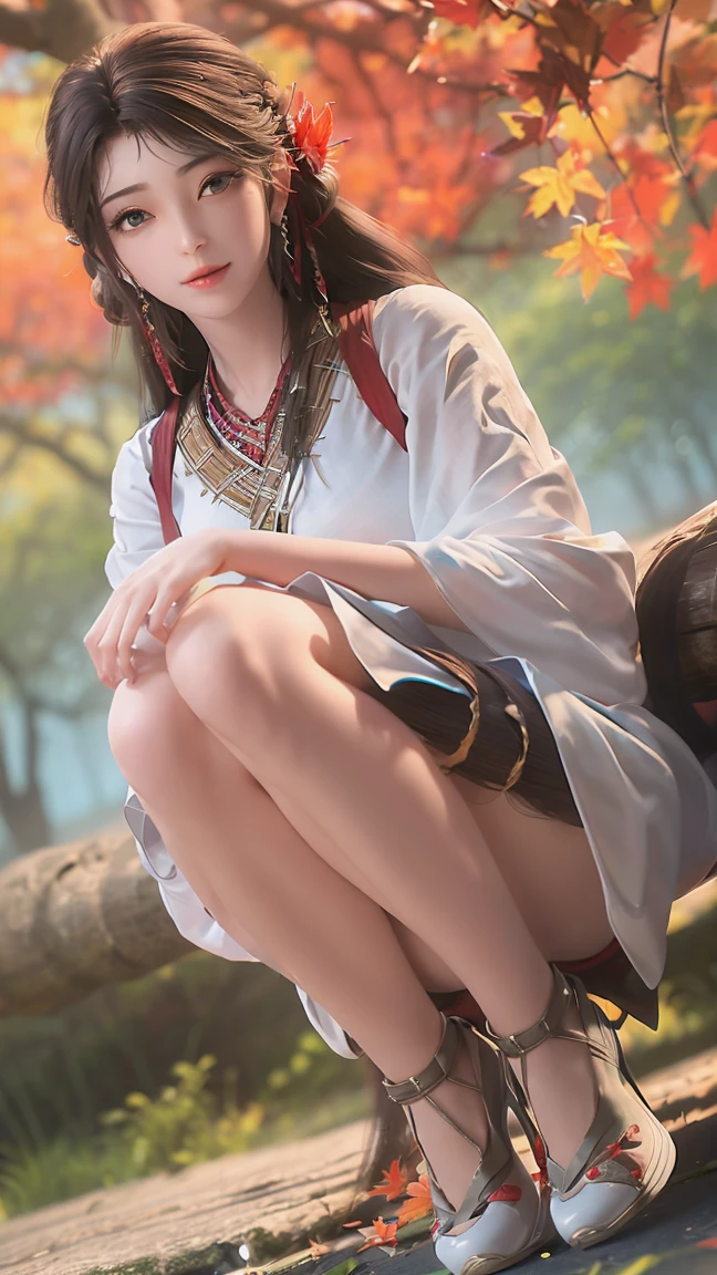 ((Biologically correct number of limbs))、(( Full body portrait(Including the face)))、4K、masterpiece、((Face Focused))、((Symmetrical facial features))、The description of the eyes is very detailed.、Beautiful woman、Outstanding style、Beautiful arms、Beautiful legs、Beautiful hands、(Slim)、Facial details、Small earrings、necklace、(White with luster、Shiny Dress、Embroidered shoes、Radiant Skin)Smile、(Beautiful legsのアップ)、Sweat,Autumn theme,dusk,Maple Leaf Background,Learn More,Above the water