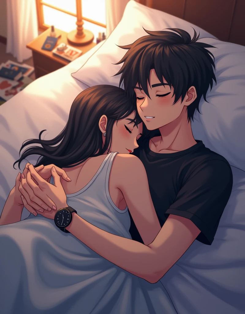 Create a anime style landscape image. Digital illustration featuring a young couple lying in bed, embracing each other. The male character has short, tousled dark hair and is wearing a black shirt, with a watch on his left wrist. He has a fair skin tone and a calm, serene expression as he sleeps. The female character has long, flowing dark hair and is wearing a sleeveless top. She also has a fair skin tone and appears to be peacefully asleep, nestled against the male character. The background includes a window with soft light streaming in, and various items such as books and photographs scattered around, adding a cozy and intimate atmosphere to the scene.