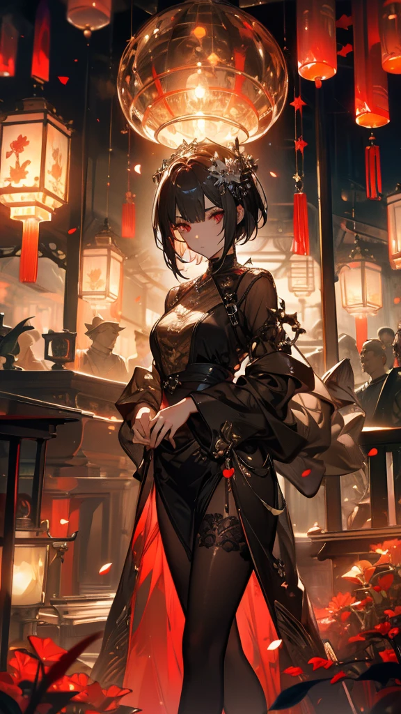 ((masterpiece, best quality)), Epic battlefield atmosphere,Ashes Paradise,A display of fireworks and a sea of lanterns,Silver Bell Ice Heart,Magician,Flame Surround,spark,Petals falling,A meticulous face,Standing image,Perfect body proportions,Long legs,Stylish short hair,Beautiful red eyes,Fantasy style,White background,transparent,Sexy,Lace,Pantyhose