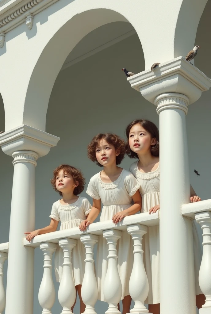 kids at balcony; pillars with vaulte arch; front view; with dress; caravaggio painting; white architecture; kids trying to catch the birds at the top of guard; hight quality face; back of the kids; super realism; white dress; almost falling from the balcony; zoom on kids face