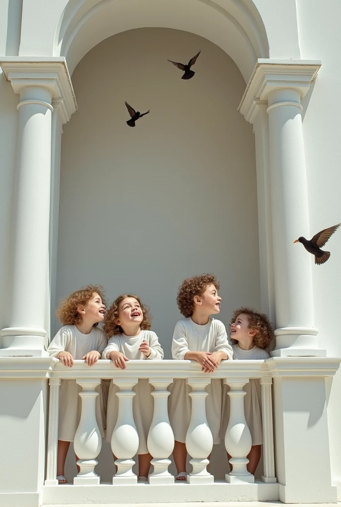 kids at balcony; pillars with vaulte arch; front view; with dress; caravaggio painting; white architecture; kids trying to catch the birds at the top of guard; hight quality face; back of the kids; super realism; white dress; almost falling from the balcony; zoom on kids face