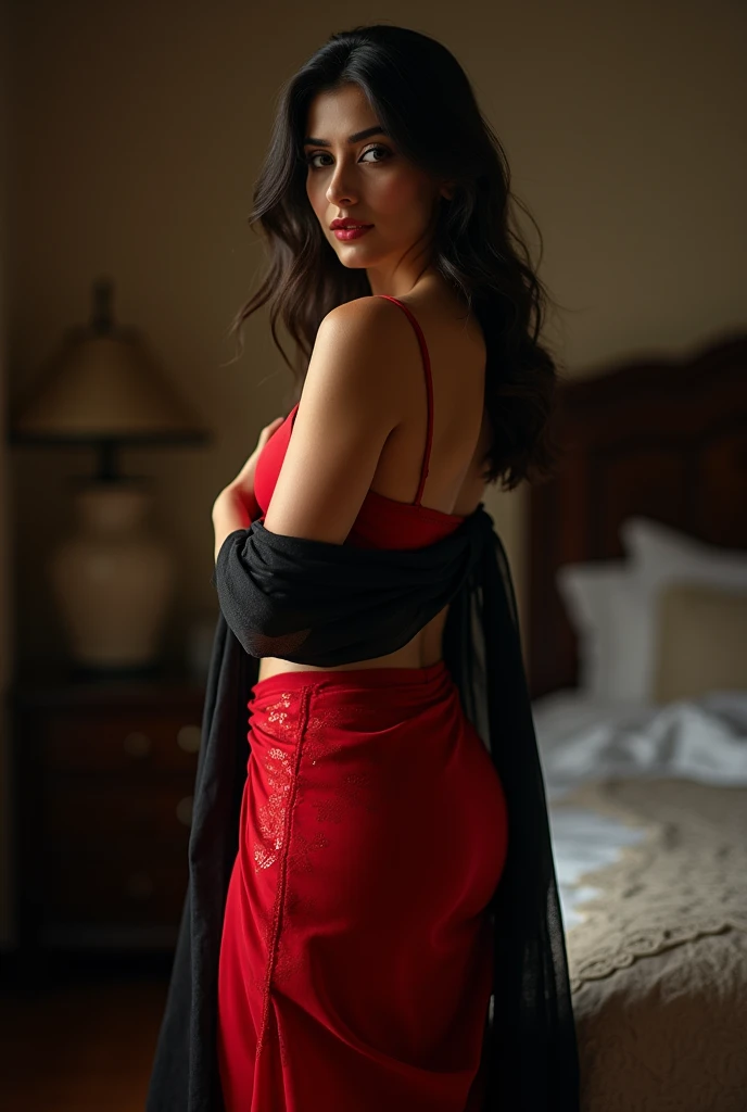 Raw-Photo, face portrait photo of a beautiful 26-year-old.oh woman, Cute face, in lacy red lingerie , in a red sexy short robe ,in stockings , with a narrow waist ,hard shadows, full length frame , spectacular lighting, in a boutique fitting room , shows her ass in the mirror