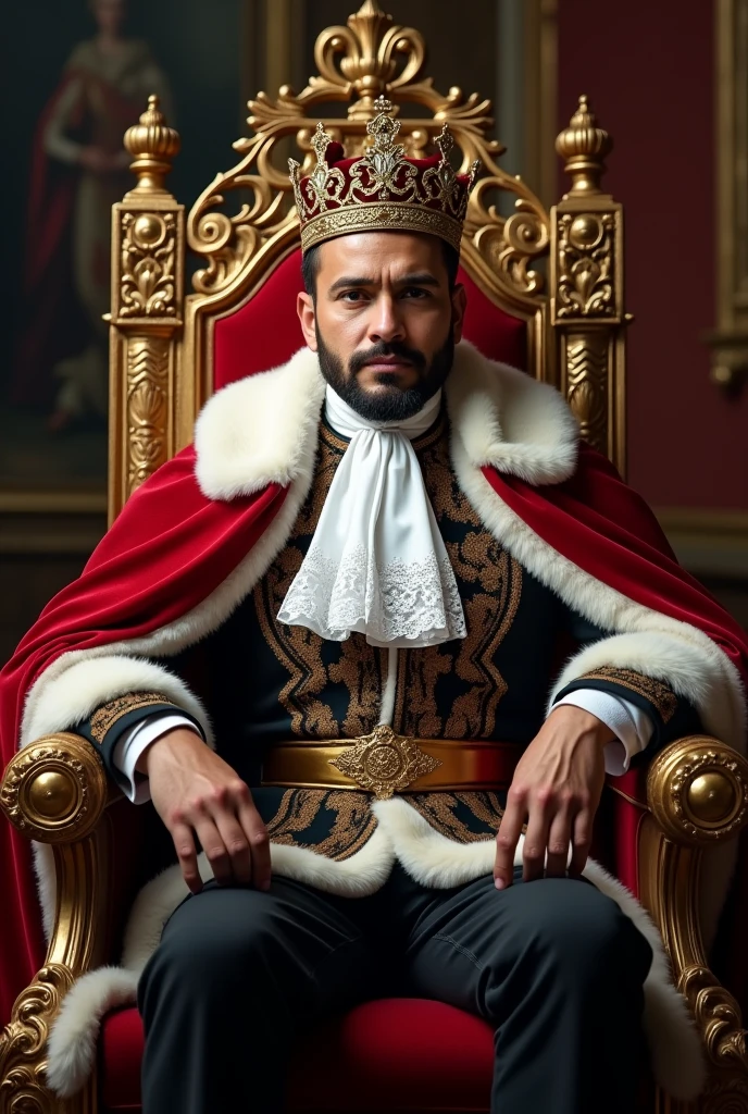 Luis Hermosilla Chilean lawyer dressed as a king sitting on the king's throne, in Donald Trump realistic photography