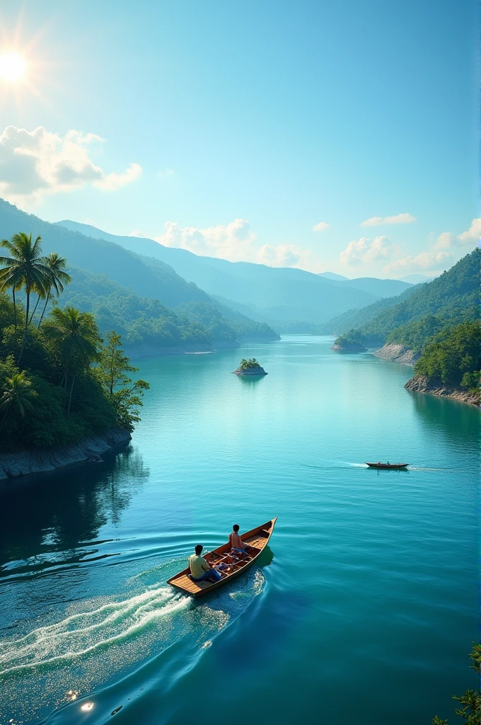 A scenic and captivating image of Dumbur Dam in Tripura, India, showcasing its appeal as a tourist attraction. The scene features the expansive reservoir with calm, clear blue water, surrounded by lush green hills and tropical trees. Several small islands are visible in the reservoir, adding to the natural beauty. A traditional wooden boat with a couple of tourists is gently floating on the water, reflecting the sky above. The sky is mostly clear with a few fluffy white clouds, and the sun is shining brightly, creating a serene and inviting atmosphere. In the background, the dense forests and distant hills add depth to the landscape, emphasizing the tranquility and natural beauty of this travel destination.