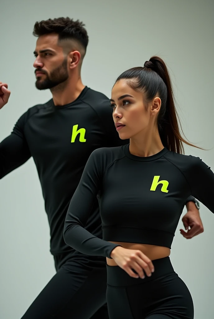 Image of man and woman exercising in black long sleeve sportswear with lime green H logo