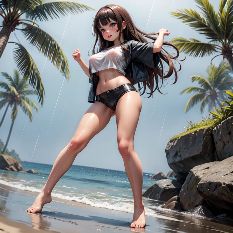 A brunette woman with wet hair, wearing only a wet t-shirt, big breasts, full body, view from below, dancing in the rain, on the beach, stylized manga