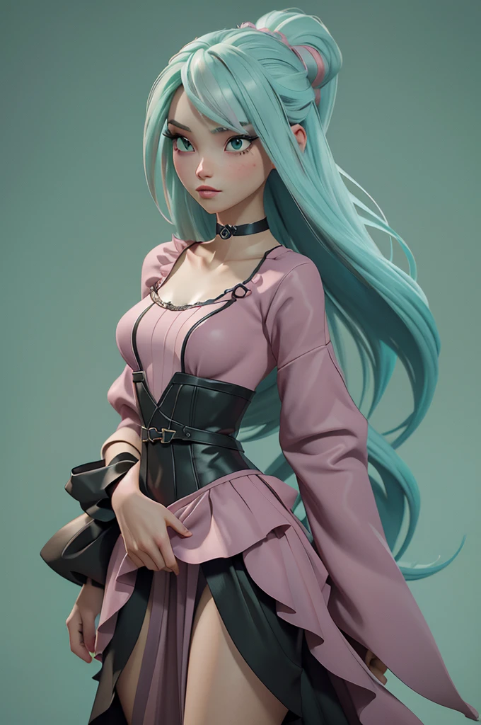 A beautifully designed 3d digital avatar of a young woman with an alternative gothic style. The character has dark, flowing hair with soft pink highlights, wearing a subtle choker and a stylish outfit that mixes dark tones with aqua green accents. The background is a gradient from black to soft pink with hints of green, giving it a mysterious yet inviting vibe. The avatar should exude creativity and elegance, perfectly representing a digital artist with a love for aesthetics