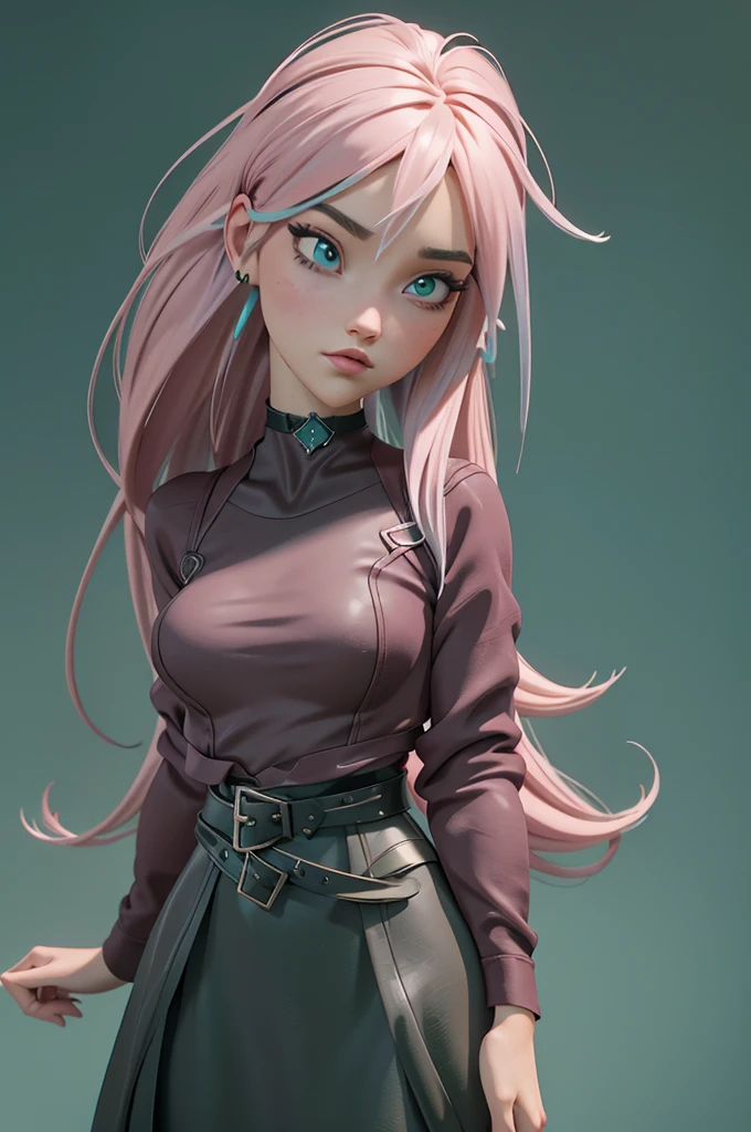 A beautifully designed 3d digital avatar of a young woman with an alternative gothic style. The character has dark, flowing hair with soft pink highlights, wearing a subtle choker and a stylish outfit that mixes dark tones with aqua green accents. The background is a gradient from black to soft pink with hints of green, giving it a mysterious yet inviting vibe. The avatar should exude creativity and elegance, perfectly representing a digital artist with a love for aesthetics