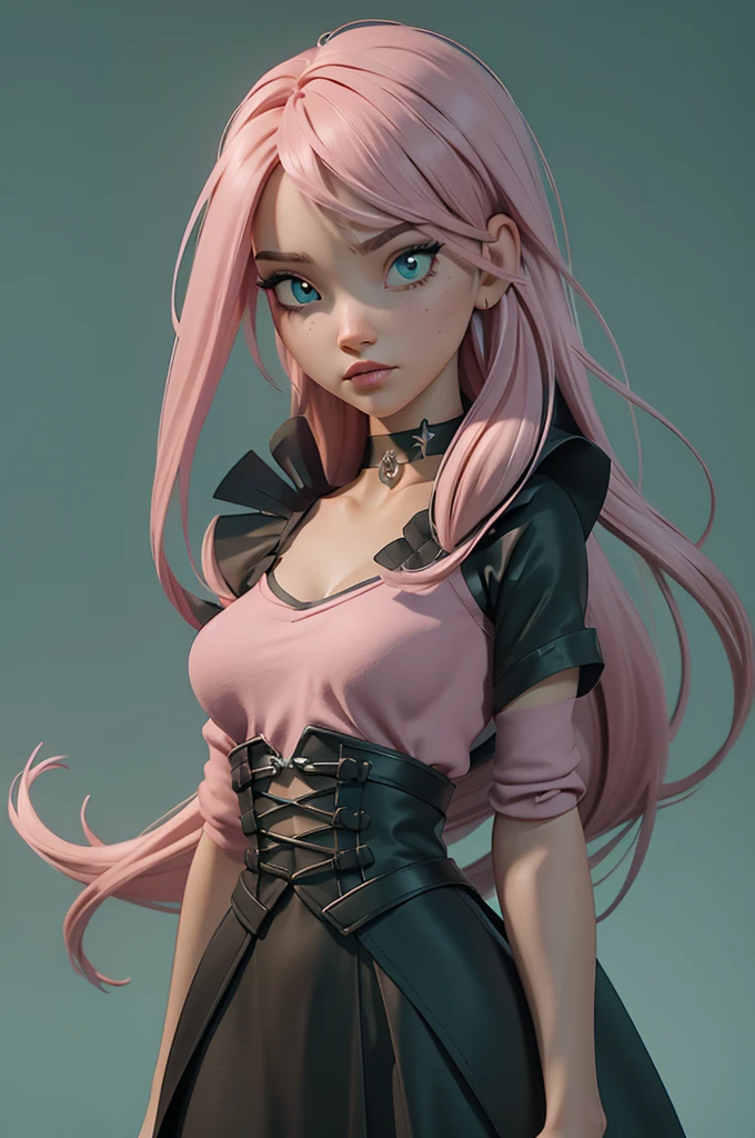 A beautifully designed 3d digital avatar of a young woman with an alternative gothic style. The character has dark, flowing hair with soft pink highlights, wearing a subtle choker and a stylish outfit that mixes dark tones with aqua green accents. The background is a gradient from black to soft pink with hints of green, giving it a mysterious yet inviting vibe. The avatar should exude creativity and elegance, perfectly representing a digital artist with a love for aesthetics