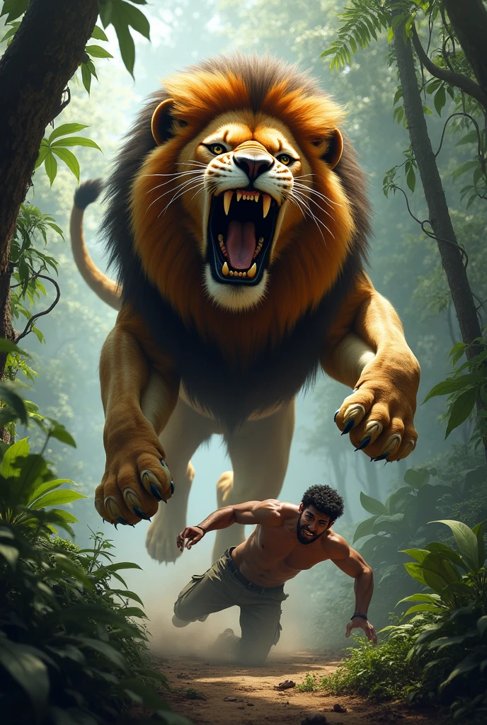 A lion in n the jungle who jumping on man