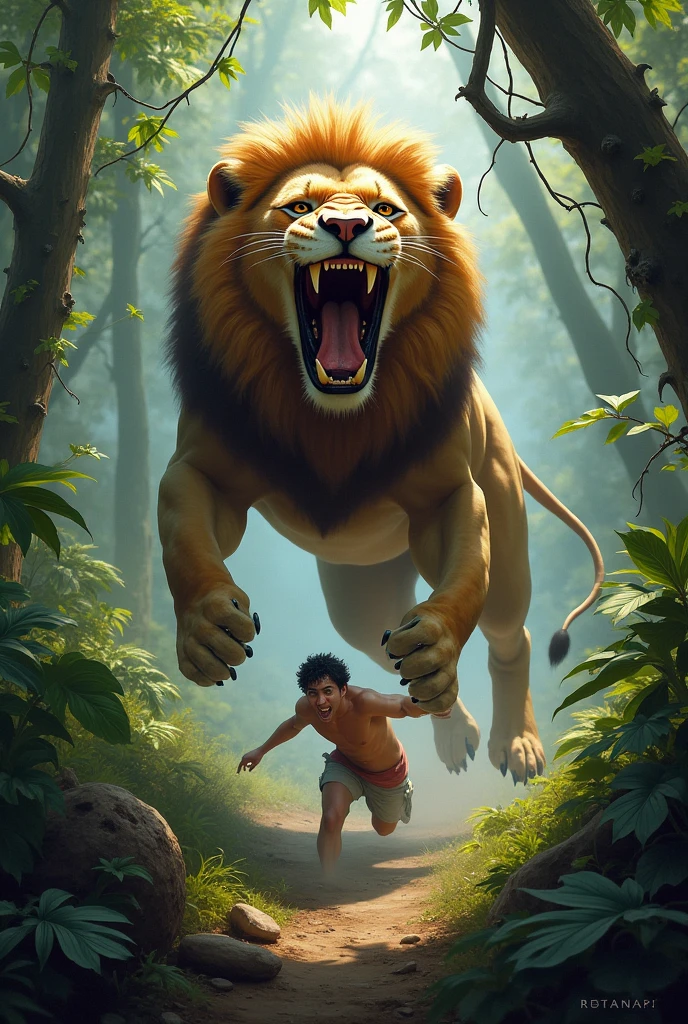 A lion in n the jungle who jumping on man