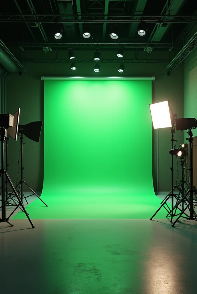 Studio with very realistic green screen , with lights and a more distant view as if I was just arriving and taking a very realistic photo of him in real life , Don't show people , only the studio , generate the image with a side view