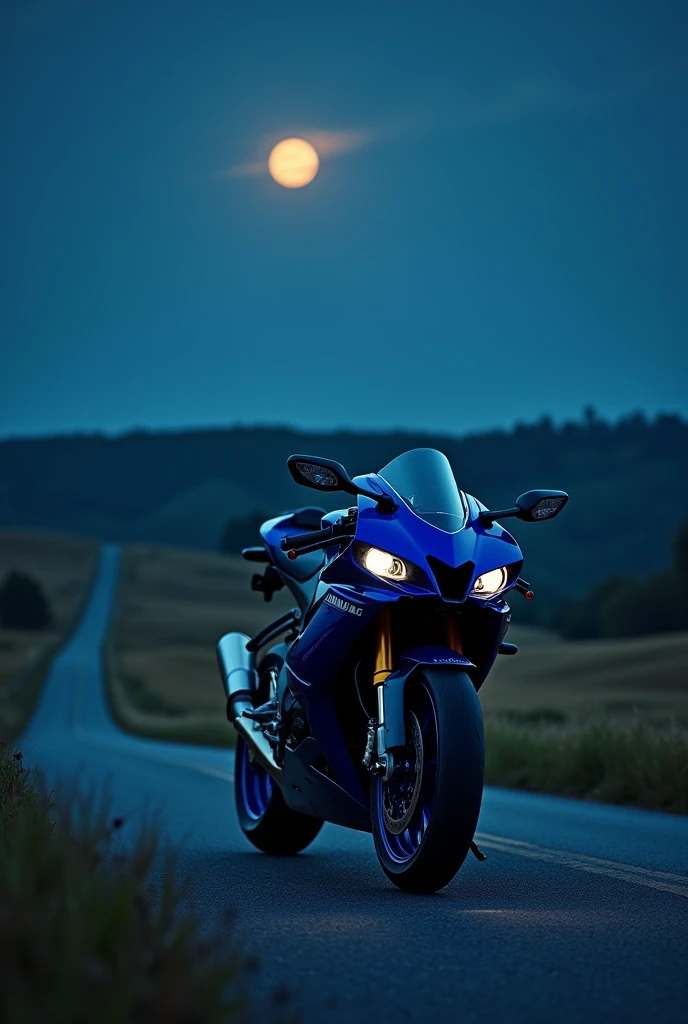 A midnight blue Yamaha R1m in the night on a empty country side road