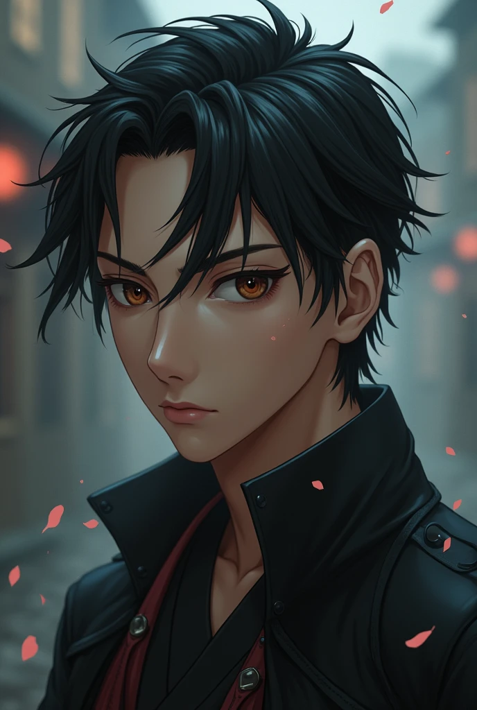 Young man character with black hair slicked back, dark brown eyes in demon slayer anime style