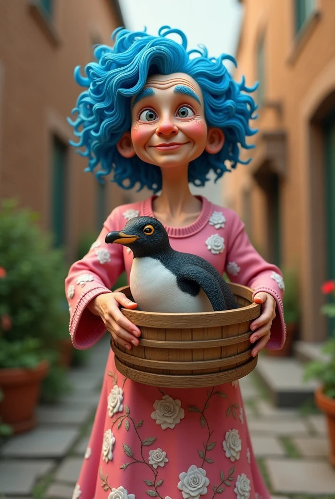 80 year-old woman with curly blue hair
A pink dress with pictures of white roses on it
A wooden basket with a penguin inside
In iran
Style 3D
