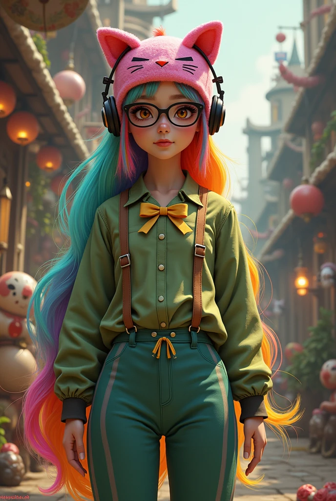 Female character with a long-sleeved green blouse with brown stripes, green pants with gray and brown stripes, long rainbow hair with a yellow bow, black glasses, and dark pink kitten balaclava headphones 