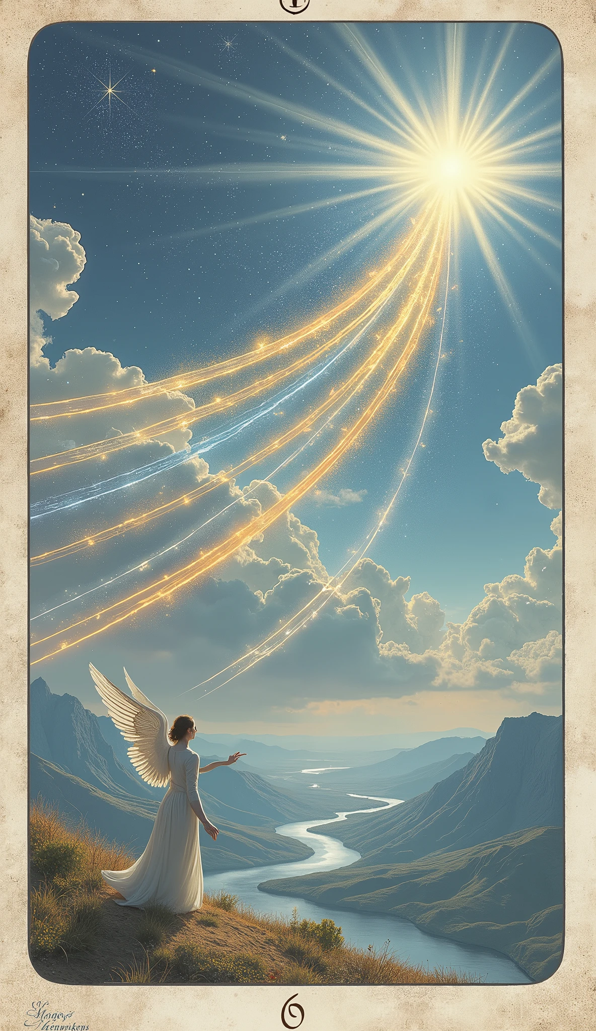 Create a breathtaking and hyper-realistic image for the Eight of Staffs in the Lumen Angelis Tarot deck. The scene captures the intense movement and momentum of eight luminous staffs of light as they soar through the sky in perfect unison. These staffs, each with a distinct hue—ranging from vibrant golds to deep blues—leave behind trails of glowing light, creating a dazzling display of speed and direction.

The staffs are depicted in mid-flight, arcing across a celestial landscape filled with swirling clouds and shimmering stars. Their paths converge toward a distant horizon, where a radiant light source—a divine gateway or celestial portal—beckons them forward, symbolizing imminent change and progress.

Below, the landscape is vast and open, with rolling hills and a flowing river that reflects the light of the staffs. The movement of the staffs is so swift that it seems to stir the very air, creating ripples in the clouds and causing the stars to twinkle more brightly.

In the foreground, the faint silhouette of an angel, ethereal and translucent, is seen releasing the staffs, their wings partially unfurled, as if guiding the energies toward their destined course. The angel's pose is one of purposeful action, embodying the energy of swift, focused movement.

The overall image exudes a sense of urgency, acceleration, and the unstoppable force of progress, staying true to the Rider-Waite symbolism of rapid action and communication, but with the added grandeur and divine essence of the Lumen Angelis deck."