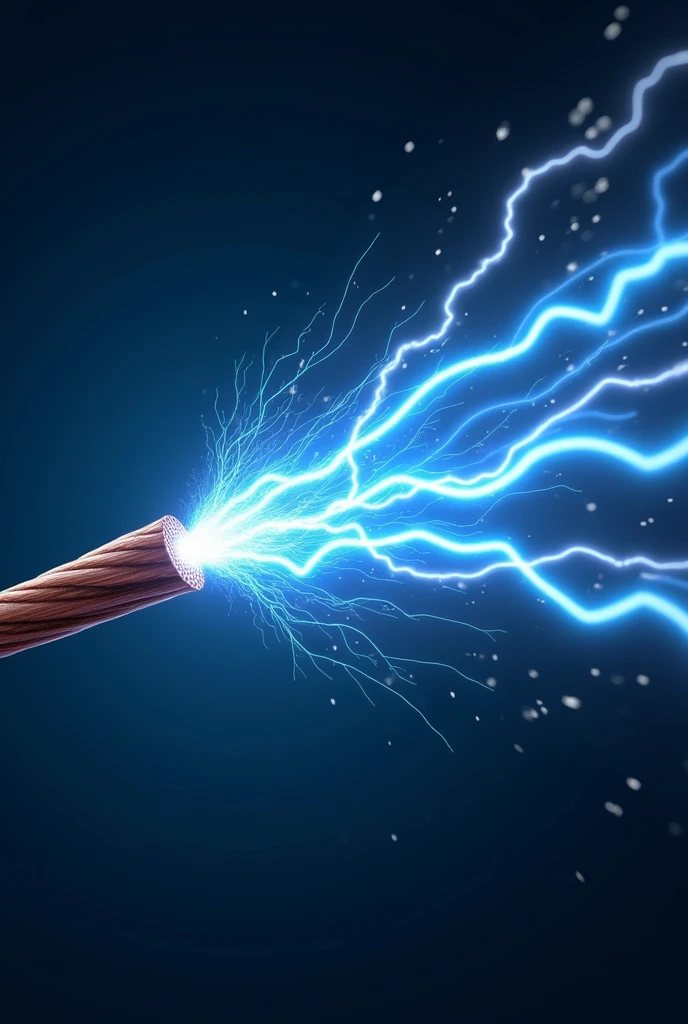 World "A dynamic image showing electricity traveling through a wire at high speed, depicted as bright, energetic blue and white currents zooming through a copper wire. The background is a dark gradient, highlighting the glowing currents, with faint hints of the speed of light in the form of blurred light trails."