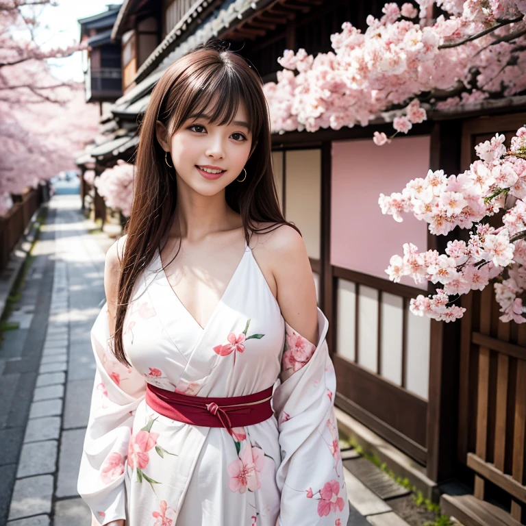 laughing out loud,Wear a white kimono with cherry blossoms printed on it, (knee shot), 1 girl, On the face, light brown hair, blunt bangs, hair behind ears, Hair over the shoulders, long hair, Slender body type, Super thin face, face slimming, delicate lips, beautiful eyes, Thin blush, Eyes are light brown,Check it out here, (realistic:1.3), Standing next to a street in Kyoto, Japan, 8k, , Super detailed, high quality, best quality, High resolution, ,Large Breasts,H CUP, 3