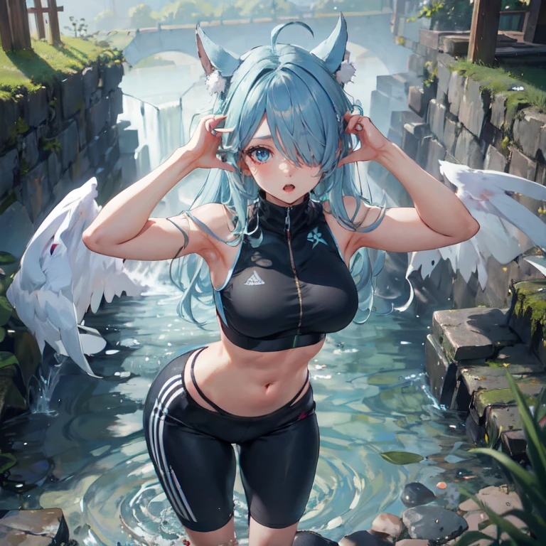 masterpiece, detailed, high quality, absurdres, elira, 1girl, solo, head wings, medium breasts, curvy, wide hips, 
BREAK hair over one eye, one eye covered, 
BREAK from above, pond, arch, japanese architecture, dawn, victory pose, 0.7::sports bra, pom-pom pants0.2::, face mask, :o,
BREAK standing, legs together, Ecchi sexy waifu ero anime 