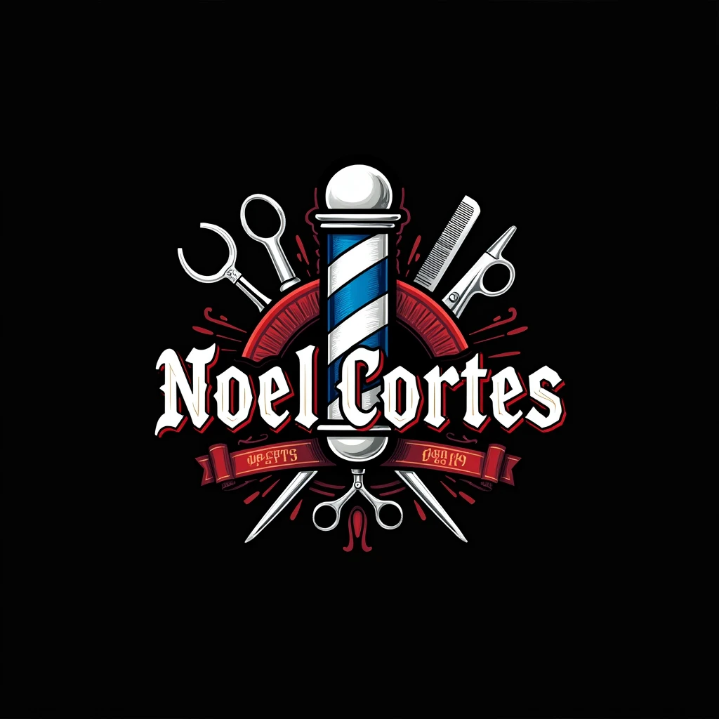 Faça uma logo escrita “Noel cortes” com a fonte bem detalhada é um símbolo 💈 azul, red and white in the back with some barber tools behind is a black background