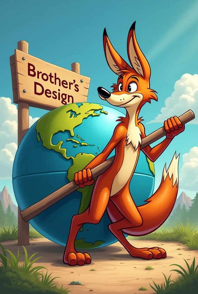 Cartoon coyote holding a large piece of wood, around the globe, uma placa grande escrita Brothers's Design