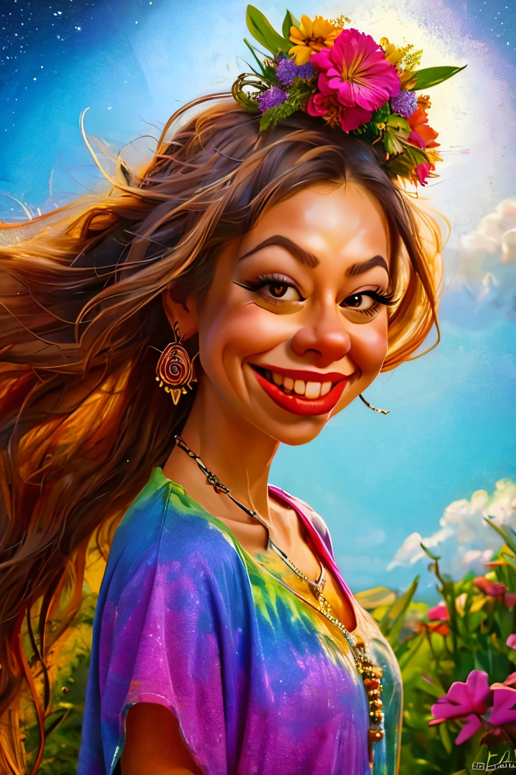 A (((caricature))) of a hippie girl floating in the sky, exaggerated facial features with large eyes and a wide, blissful smile, long flowing hair with flowers and beads, wearing vibrant tie-dye clothing, surrounded by colorful birds, surreal and dreamy atmosphere, clouds and stars in the background, psychedelic patterns swirling around, cartoon style, bright and vivid colors, peaceful and euphoric expression, dynamic and whimsical pose, highly detailed, (masterpiece: 2), best quality, ultra highres, original, extremely detailed, perfect lighting
