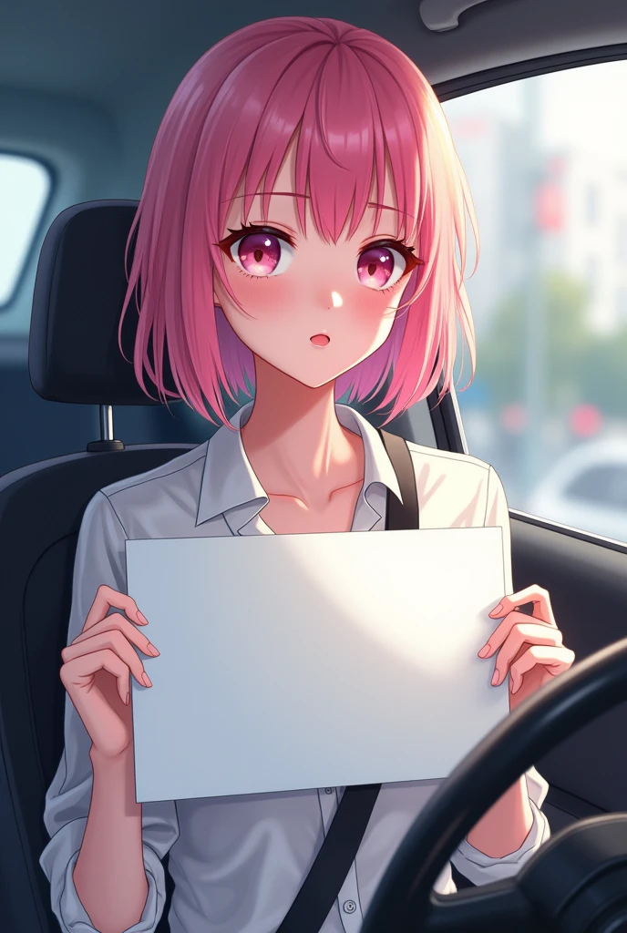 anime, drawing, pretty sexy girl, White skin color, pink hair, works in taxi, He is holding a blank sign