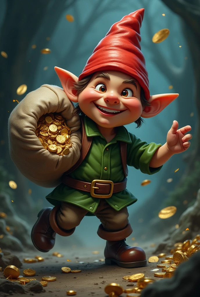 mischievous gnome with a red hat and green shirt, carrying a sack full of stolen treasures. Bowed laughing. dark fantasy style