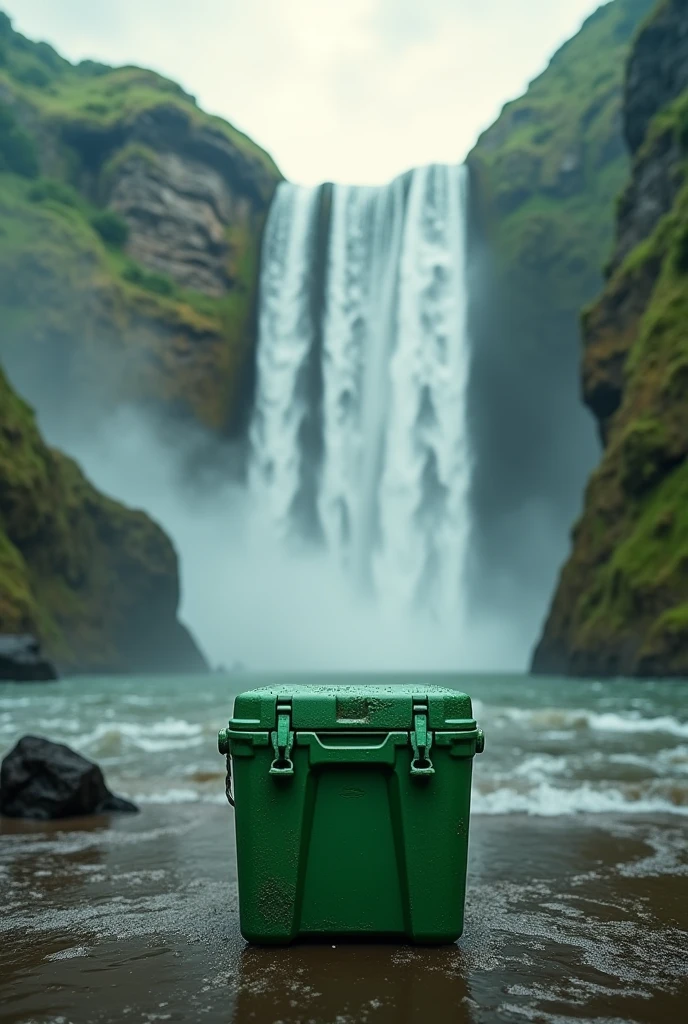 Create a realistic image of a green styrofoam box, and in the background a large waterfall, and very hot