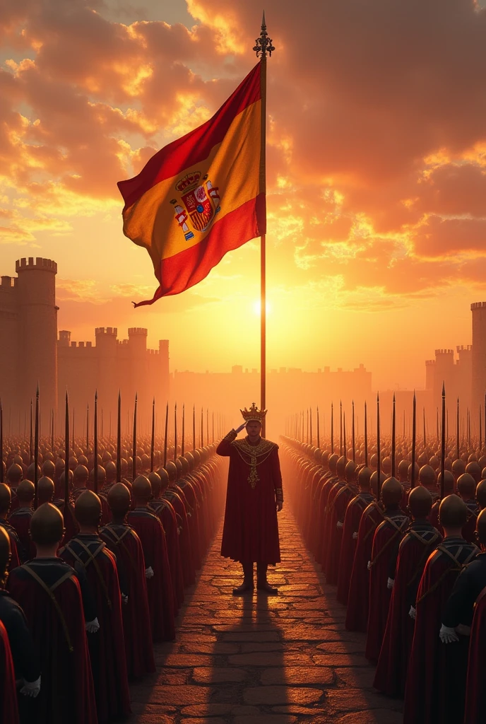 10000 of historical soldier and king have salutes single flag spain in big kingdom sunset