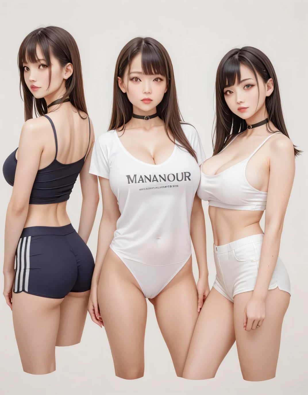 score_9, score_8, score_8up, score_7, Highest quality、masterpiece, group、((Character Sheet)), breast enhancement、Simple Background、Front view、Side view、Rear view、Name under photo、caption、Large Breasts, ((Layered Haircut)), Slim body, Slim face、Black choker、Almond Eye、bangs、Very thick and long eyelashes, ((Big Breasts))、Tight shirt、Cleavage、Detailed instructions、operating instructions