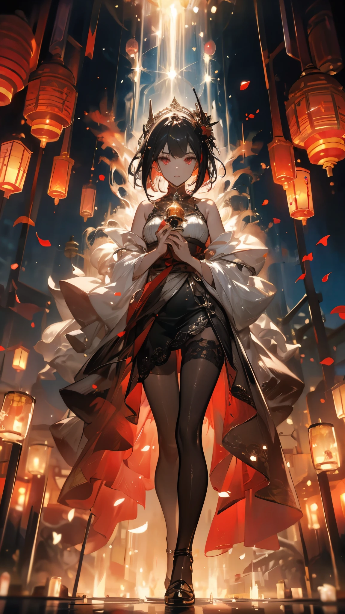 ((masterpiece, best quality)), Epic battlefield atmosphere,Ashes Paradise,A display of fireworks and a sea of lanterns,Silver Bell Ice Heart,Magician,Flame Surround,spark,Petals falling,A meticulous face,Standing image,Perfect body proportions,Long legs,Stylish short hair,Beautiful red eyes,Fantasy style,White background,transparent,Sexy,Lace,Pantyhose