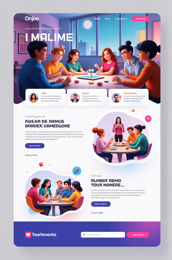 Page d'accueil de mon site internet dédié a l'organisation de tournois de jeux de societe en ligne. Nom de mon entreprise : Onjoo.