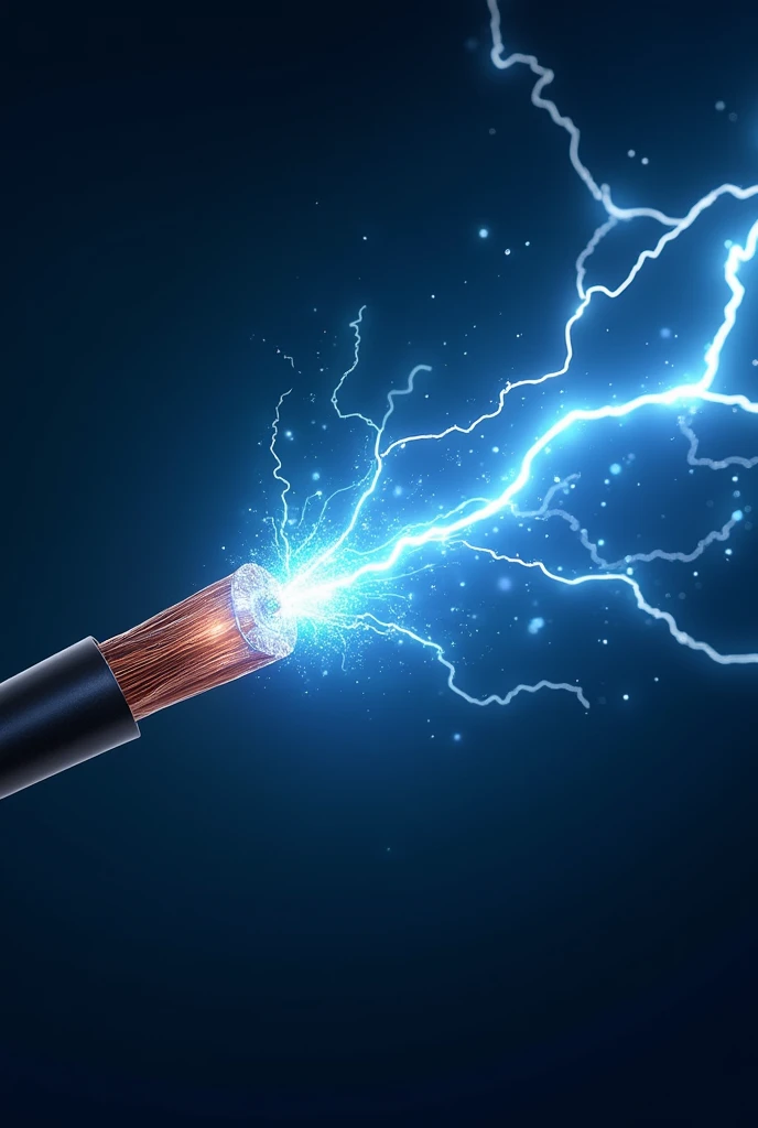 World "A dynamic image showing electricity traveling through a wire at high speed, depicted as bright, energetic blue and white currents zooming through a copper wire. The background is a dark gradient, highlighting the glowing currents, with faint hints of the speed of light in the form of blurred light trails."