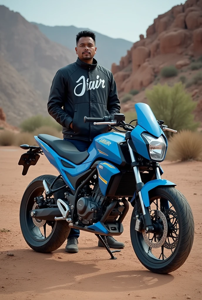 Blue all-terrain motorcycle and the owner standing next to it wearing a jacket with the name JAIR on it 