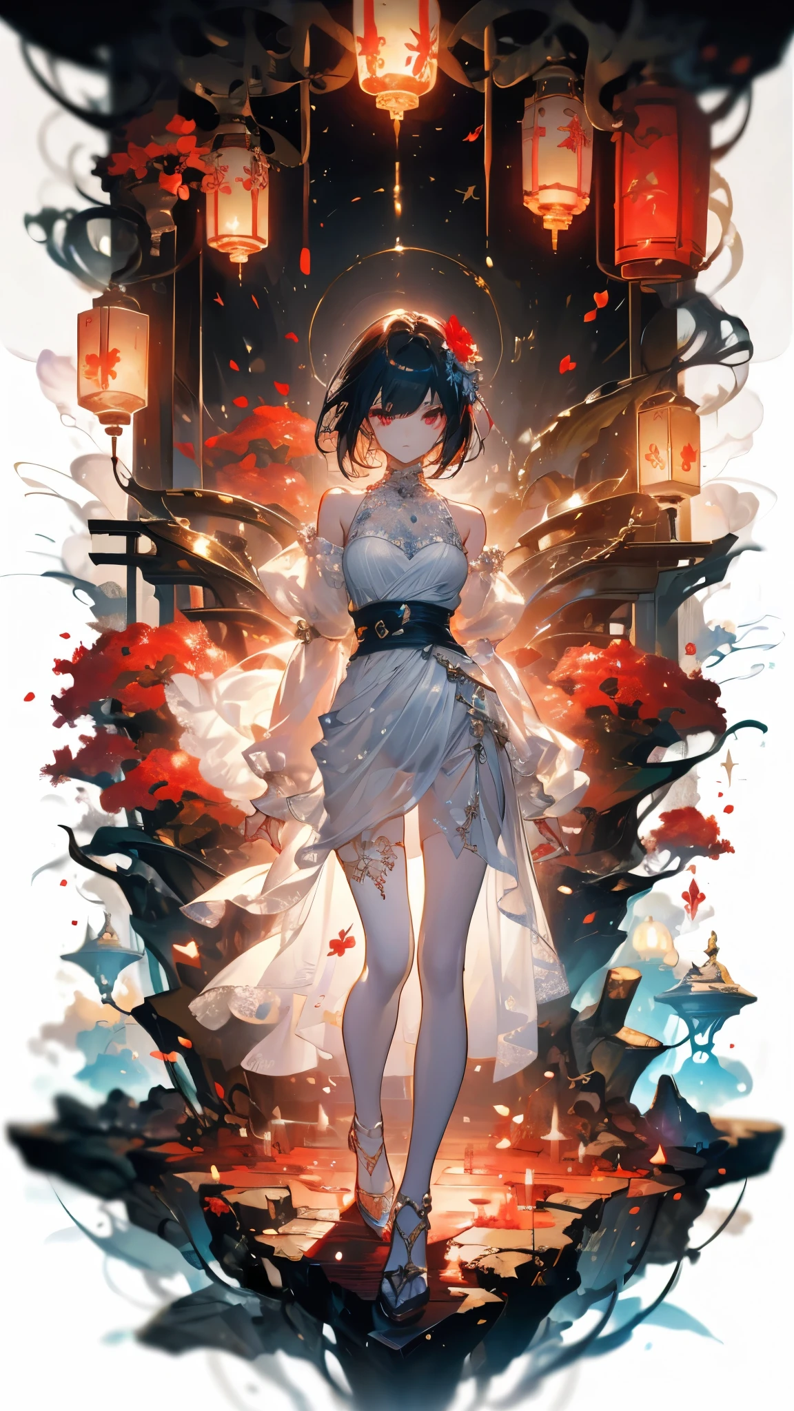 ((masterpiece, best quality)), Epic battlefield atmosphere,Ashes Paradise,A display of fireworks and a sea of lanterns,Silver Bell Ice Heart,Magician,Flame Surround,spark,Petals falling,A meticulous face,Standing image,Perfect body proportions,Long legs,Stylish short hair,Beautiful red eyes,Fantasy style,White background,transparent,Sexy,Lace,Pantyhose