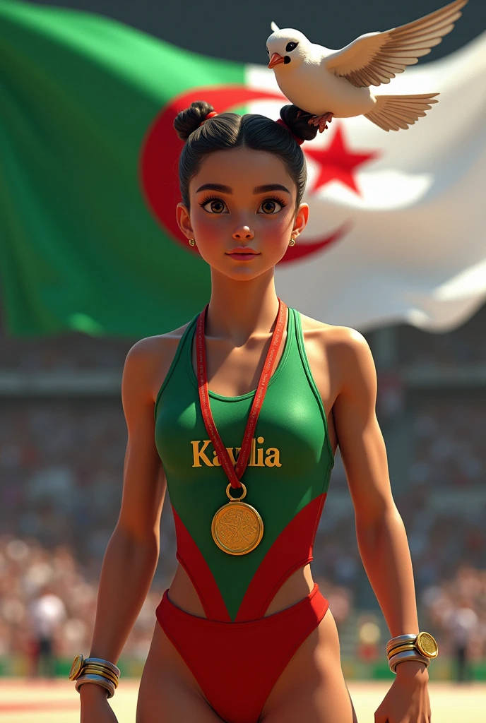 Kaylia en lettres d'or. jeune femme gymnaste asymétrique avec une foule une hirondelle à côté d'elle et le drapeau algérien vert blanc avec un croissant de lune et une étoile rouge et la médaille d'or